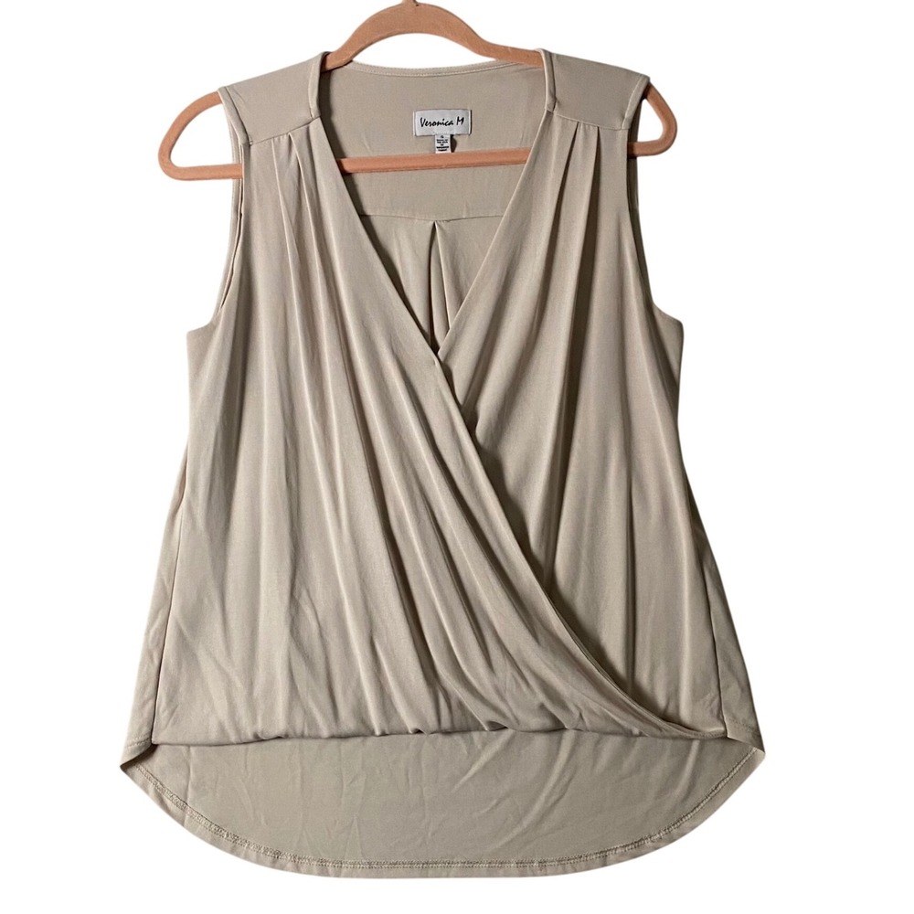 Veronica M Women Beige Sleeveless Surplice V-Neck Draped Blouse Top Size Small